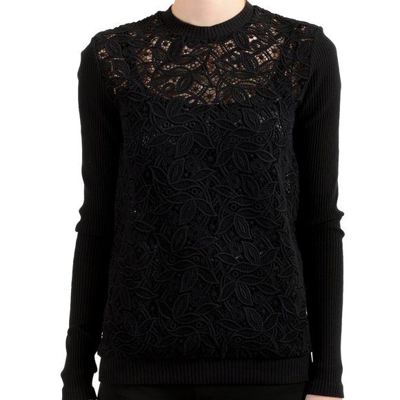Versus By Versace Sweaters - Versus by Versace Women's Black Floral Print Lace See Through Crewneck Sweater